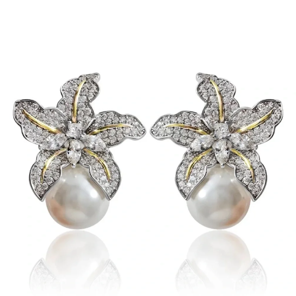 CZ Flower Cluster Pearl Earrings